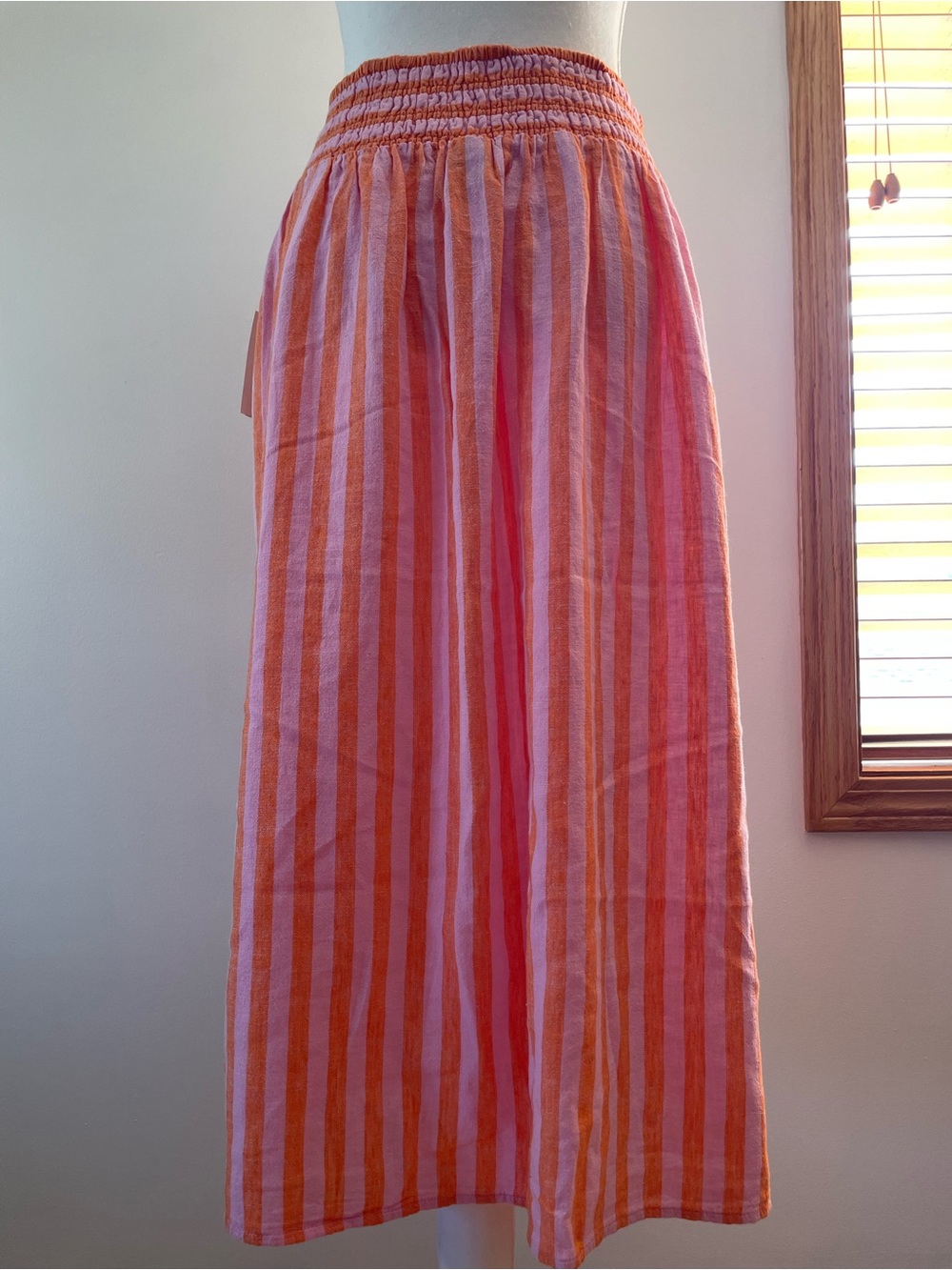 Striped Linen Blend Smocked-Waist Midi Skirt Women’s Medium - Picture 2 of 8